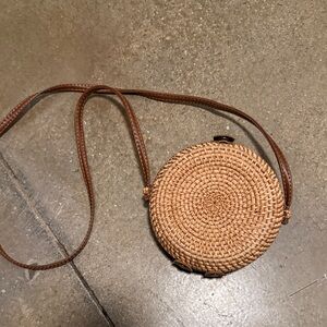 Round Woven Tan Crossbody Bag